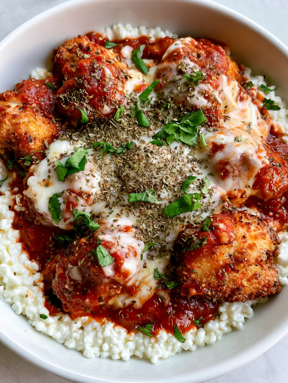 Close-up of golden-brown crispy chicken on a Chicken Parm Cottage Cheese Bowl with dried oregano and fresh basil garnish.
