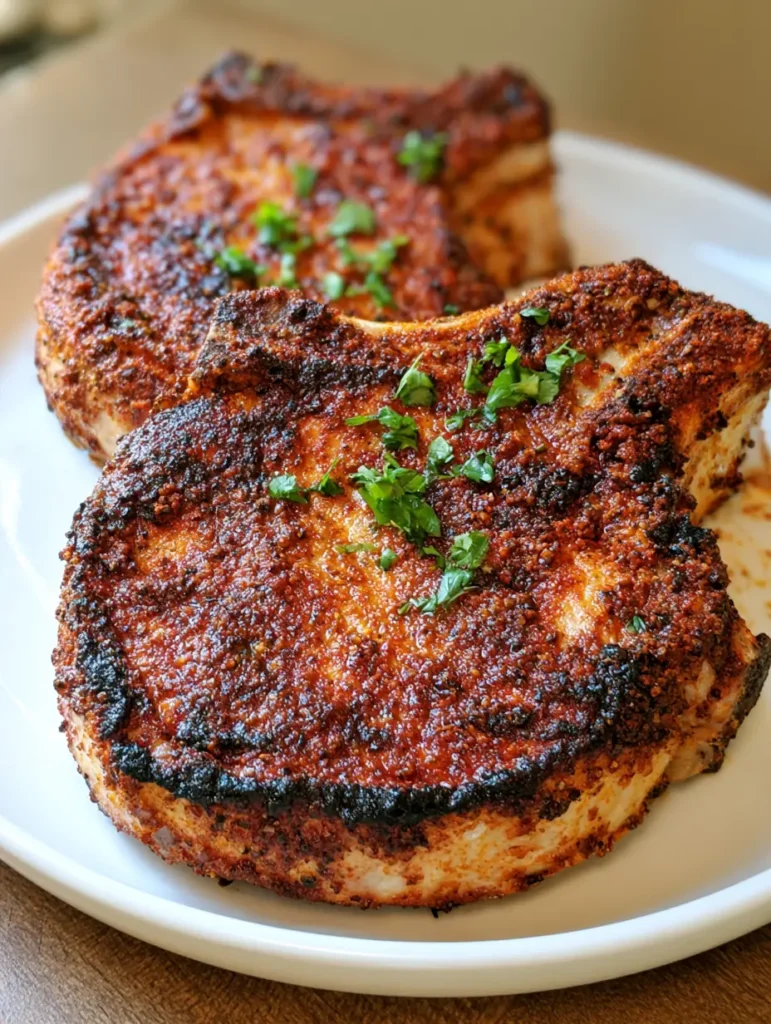 Juicy Baked Pork Chops served on a white ceramic plate, showing seared edges and fresh parsley garnish.