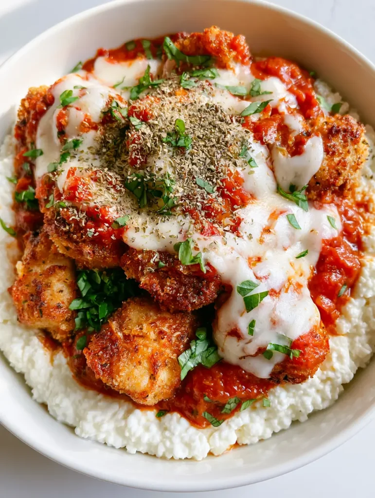 Top-down shot of a white bowl filled with cottage cheese, marinara, and crispy chicken topped with herbs.