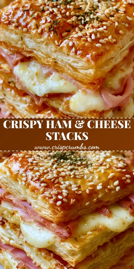 Ham and Cheese Puff Pastry: The Ultimate Flaky Triple-Layered Savory Squares 4 A stack of three golden-brown Ham and Cheese Puff Pastry squares with melted white cheese and sesame seeds.