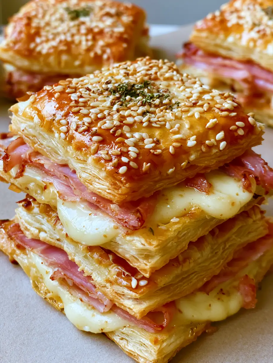 Ham and Cheese Puff Pastry: The Ultimate Flaky Triple-Layered Savory Squares 3 A handheld smartphone photo of three stacked Ham and Cheese Puff Pastry squares showing multi-layered crisp edges.