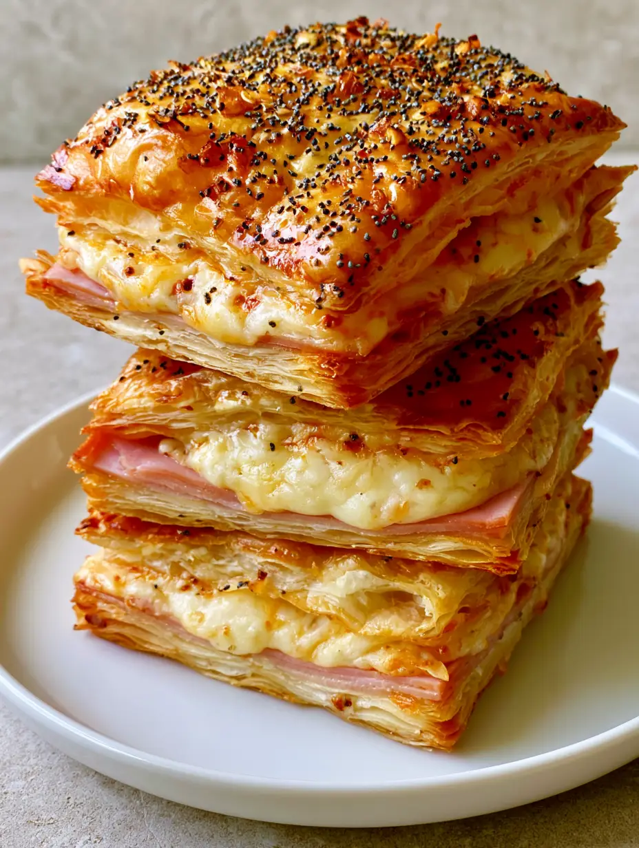 Close-up of a stack of three Ham and Cheese Puff Pastry squares showing bubbly Swiss cheese and pink ham. (Ham and Cheese Puff Pastry)