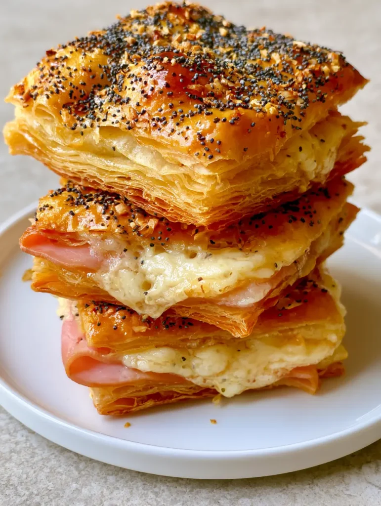 A handheld-style photo of Ham and Cheese Puff Pastry sandwiches encrusted with poppy seeds and dried onions.