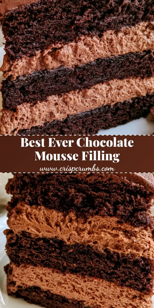 A tall slice of dark chocolate cake with two thick layers of aerated Chocolate Mousse Cake Filling on a white plate. (Chocolate Mousse Cake Filling)
