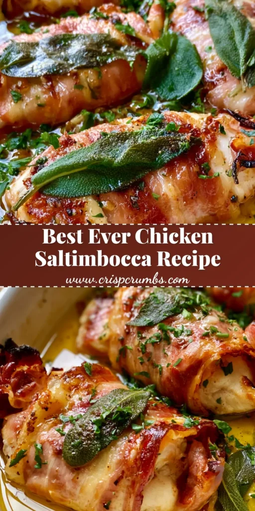 A shallow white ceramic dish filled with Chicken Saltimbocca featuring crispy prosciutto-wrapped chicken cutlets in a golden white wine butter sauce with fresh sage. (Chicken Saltimbocca)