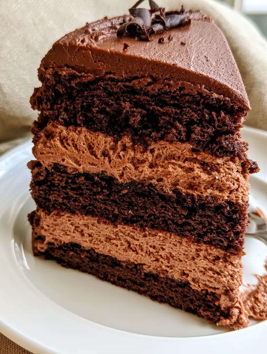 Close up photo of dark chocolate sponge layers with light brown Chocolate Mousse Cake Filling. (Chocolate Mousse Cake Filling)