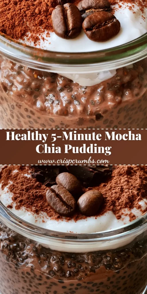 A clear glass jar of Mocha Chia Pudding topped with coconut cream, chocolate shavings, and three coffee beans on a stone surface.