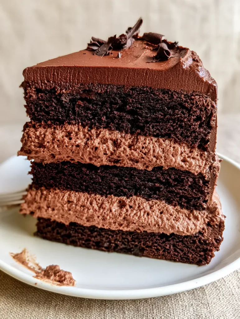 A slice of chocolate cake on a white ceramic plate with a small smear of mousse from a fork.