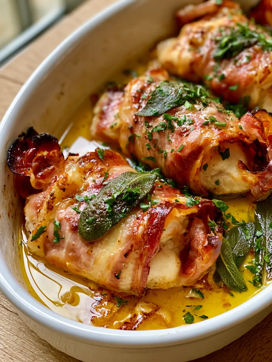 Close up handheld photo of Chicken Saltimbocca in a white baking dish showing charred prosciutto edges and minced garlic in sauce. (Chicken Saltimbocca)