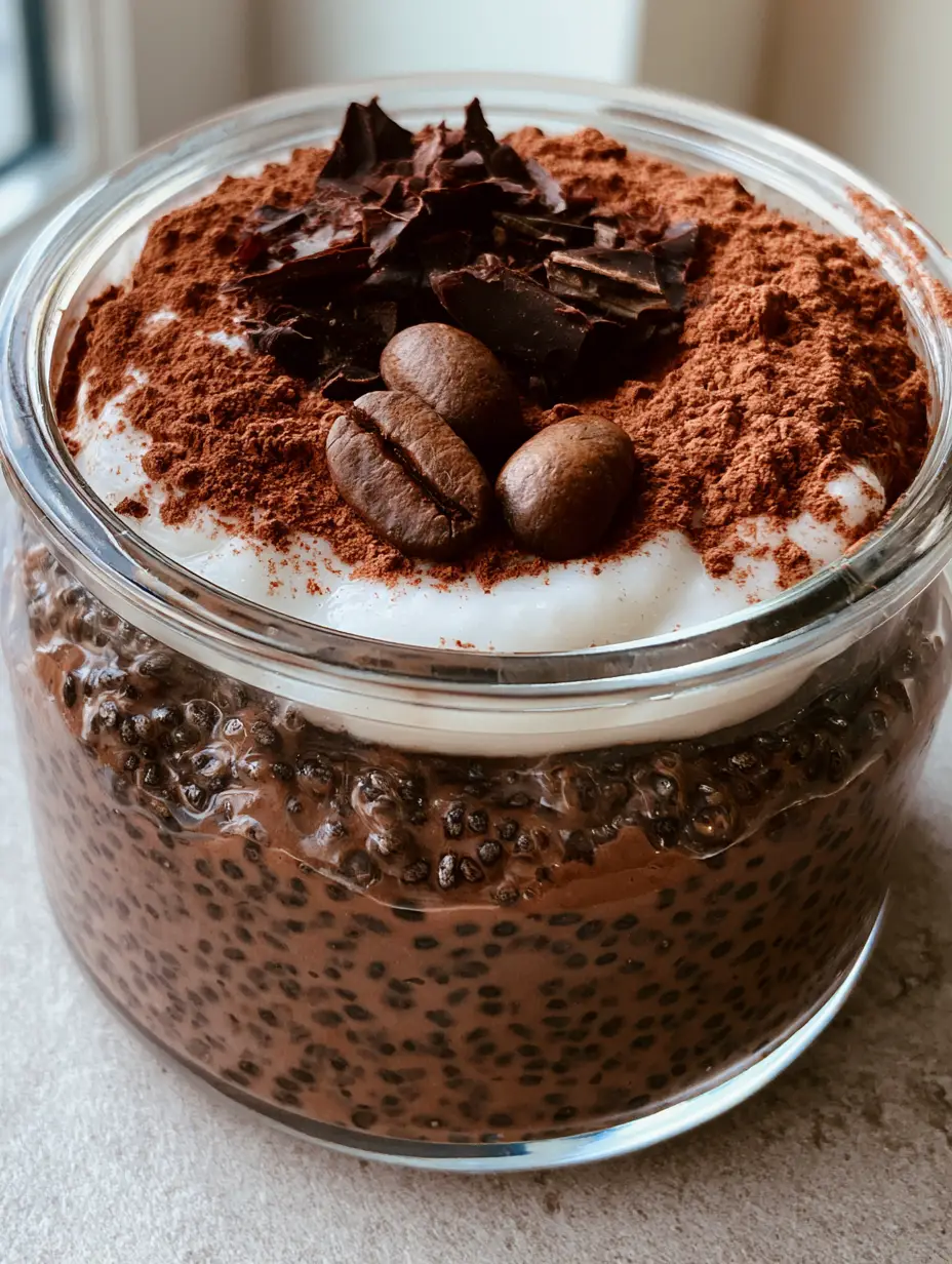 Close up of Mocha Chia Pudding showing the gelatinous texture and black chia seeds in a clear glass jar.