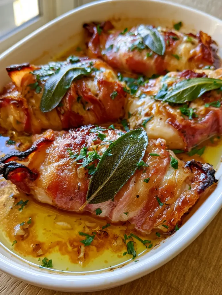 Searing chicken saltimbocca in a pan to create crispy prosciutto and golden sage leaves.