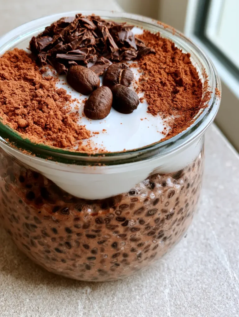 Side view of a Mocha Chia Pudding jar featuring layers of dark chocolate pudding and white coconut cream.