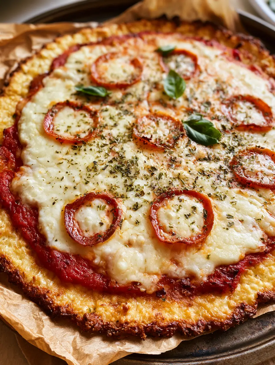Overhead shot of a Cottage Cheese Pizza Crust with vibrant red sauce and fresh green basil leaves.