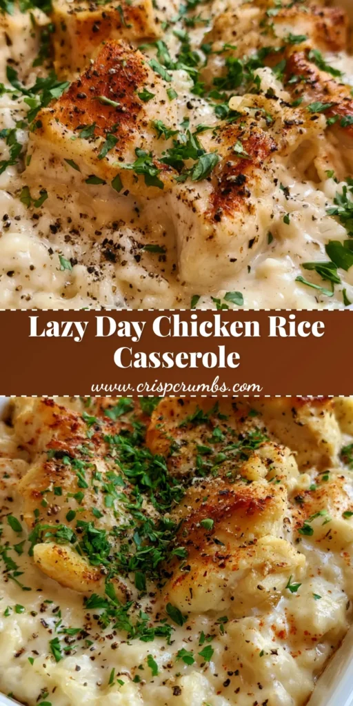 A top-down view of a Creamy Chicken and Rice Casserole in a white ceramic dish, showing golden-brown chicken and fresh parsley.