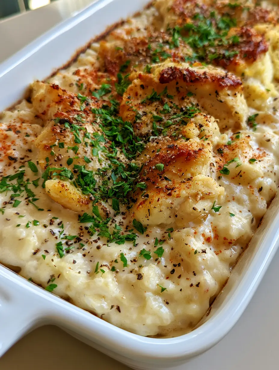 A handheld smartphone photo of a Creamy Chicken and Rice Casserole with visible paprika and black pepper on seared chicken.