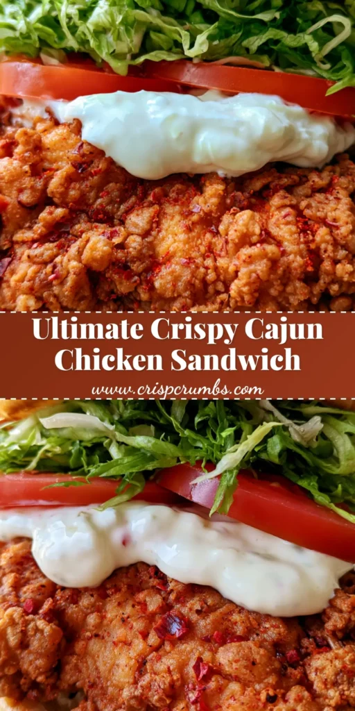 A handheld smartphone photo of a tall Cajun Crispy Chicken Sandwich with a craggy golden-brown crust, visible red spices, garlic aioli, and fresh lettuce on a brioche bun.