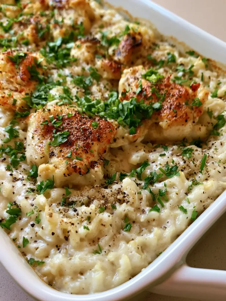 Close up of the ivory cream sauce and fluffy white rice in a Creamy Chicken and Rice Casserole.