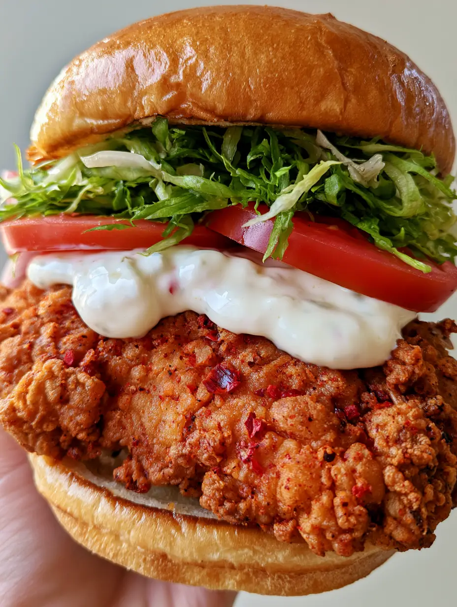 Close up of a Cajun Crispy Chicken Sandwich showing the thick fried chicken breast with red spice flakes and creamy garlic aioli.