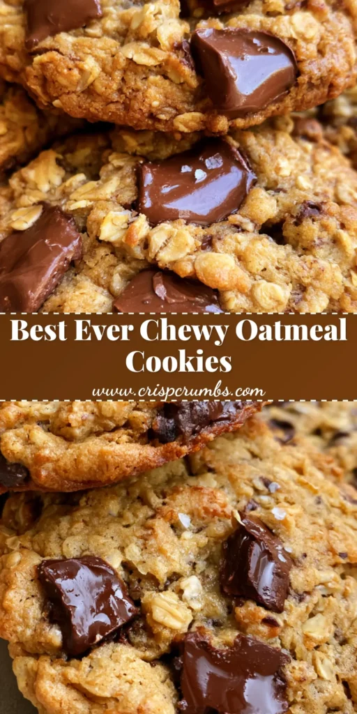 A tall stack of soft-baked Oatmeal Chocolate Chip Cookies with visible oats and melted semi-sweet chocolate chunks sprinkled with sea salt flakes.
