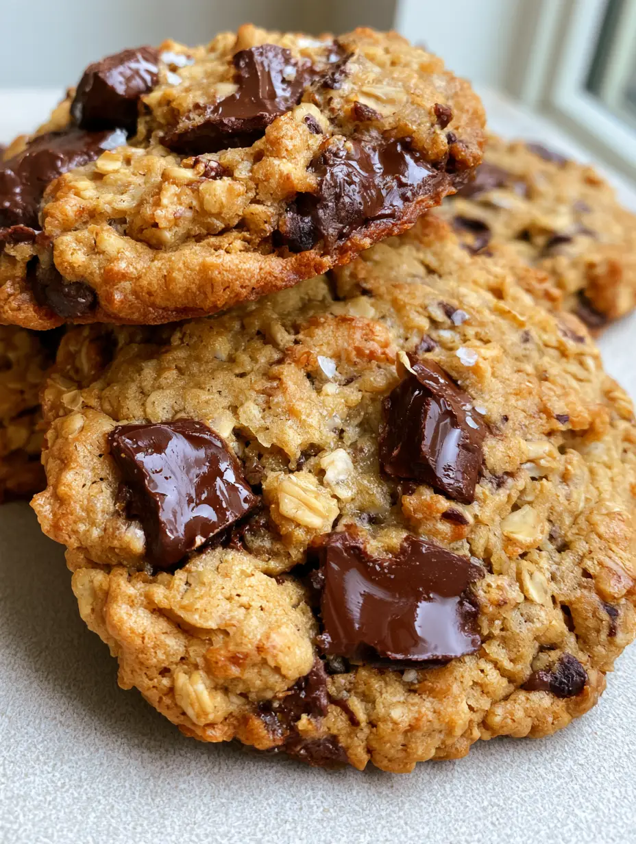 Overhead view of a stack of thick Oatmeal Chocolate Chip Cookies on a light grey surface showing textured oats and chocolate chunks.