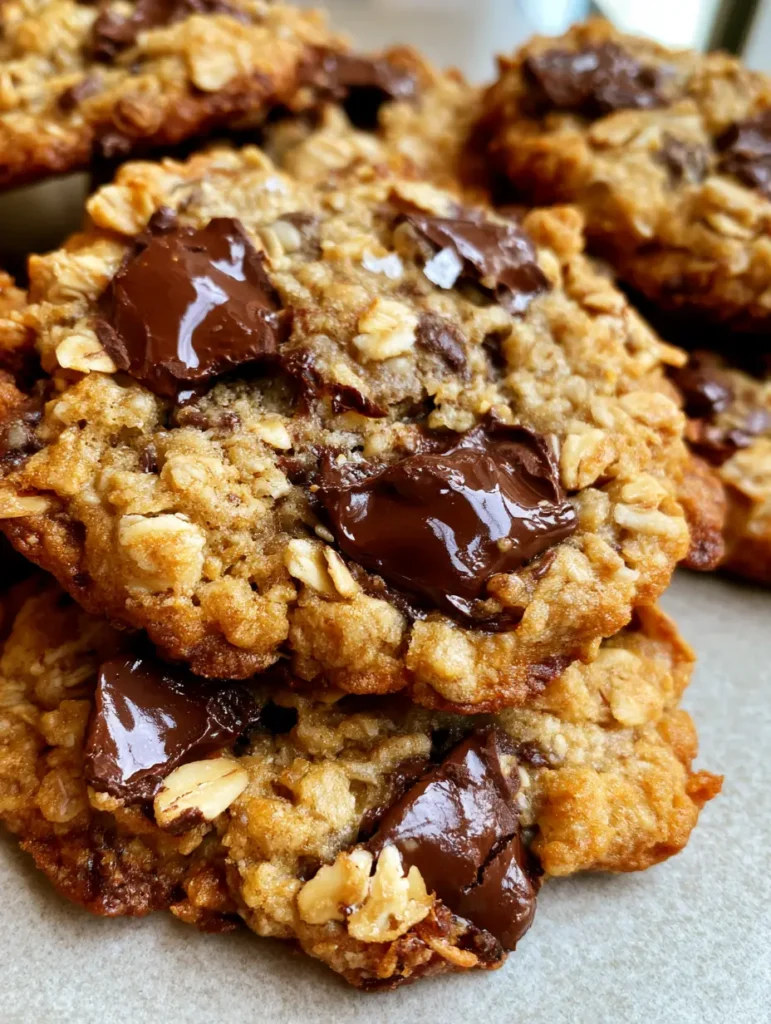 Close up shot of half-melted chocolate chunks inside a soft-baked oatmeal cookie with golden-brown edges.