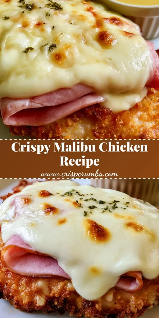 A close-up of Crispy Malibu Chicken with melted Swiss cheese, savory ham, and honey mustard sauce on a white plate.