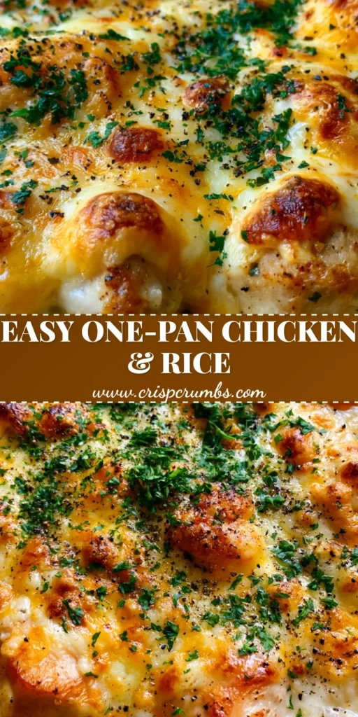 One-Pan Chicken and Rice Bake: The Ultimate Creamy Comfort Dinner 3 A rustic round baking dish featuring a One-Pan Chicken and Rice Bake with golden-brown chicken chunks, melted mozzarella and cheddar cheese with toasted brown spots, and a garnish of fresh parsley and cracked black pepper.