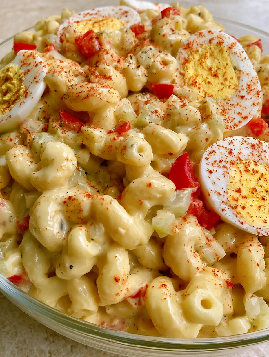 Amish Pasta Salad: The Ultimate Creamy and Sweet Potluck Classic 4 Slightly high-angle view of Amish Pasta Salad showing the vibrant red peppers and egg slices. (Amish Pasta Salad)