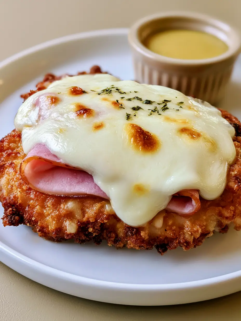 A handheld photo of a single Crispy Malibu Chicken breast with golden breading, ham, and bubbly melted Swiss cheese.