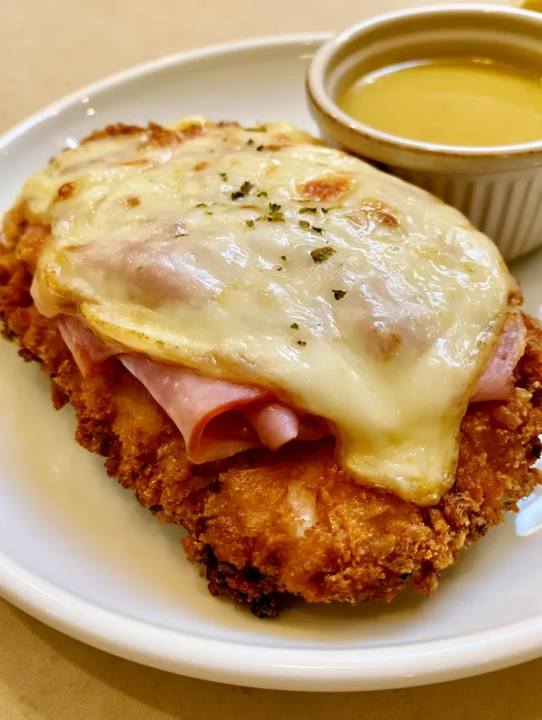 Close-up of the toasted bubbles on the Swiss cheese topping the Crispy Malibu Chicken.