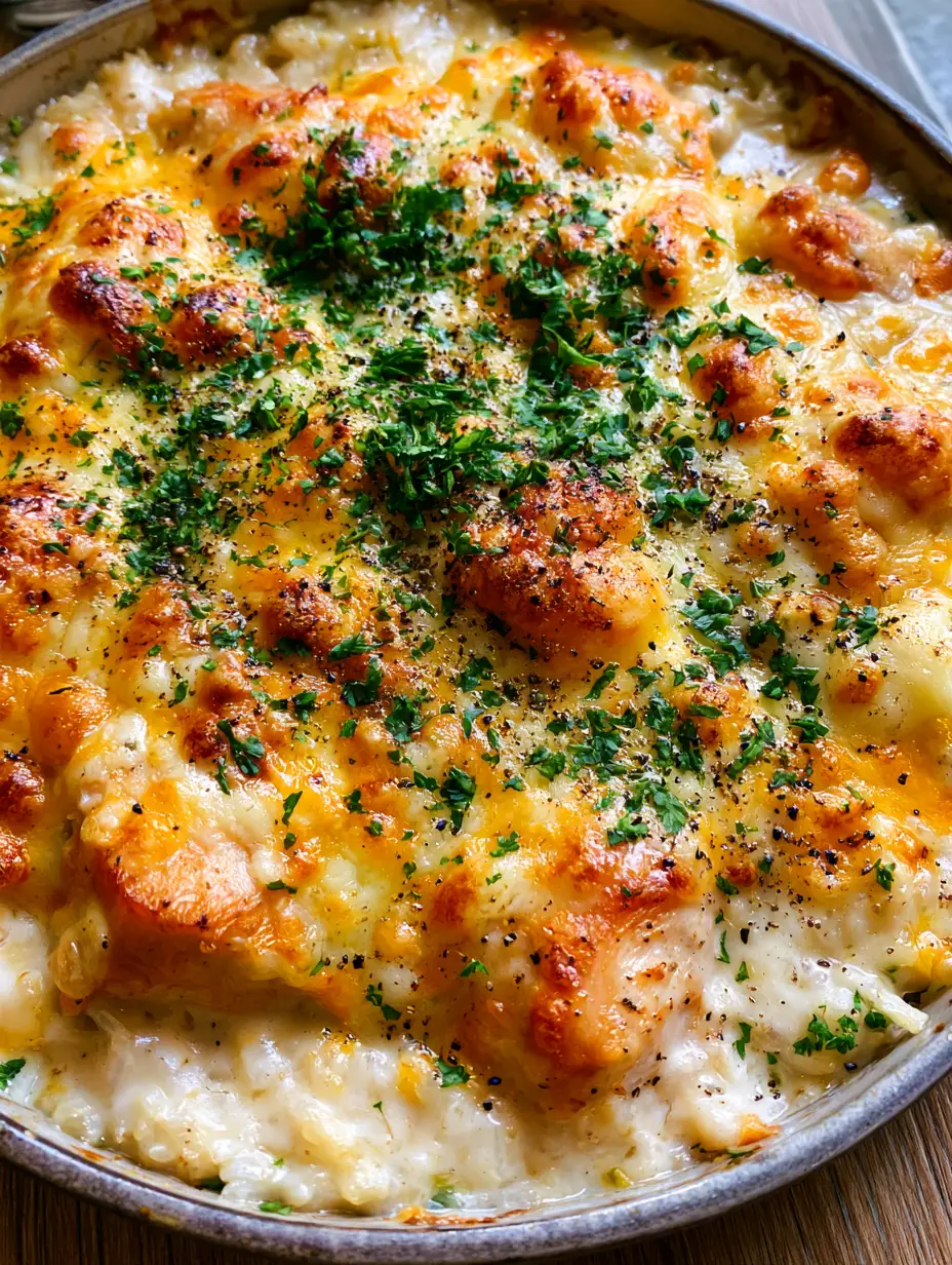 One-Pan Chicken and Rice Bake: The Ultimate Creamy Comfort Dinner 4 A handheld smartphone photo showing large chunks of golden-brown seared chicken breast nestled in creamy white rice. (One-Pan Chicken and Rice Bake)