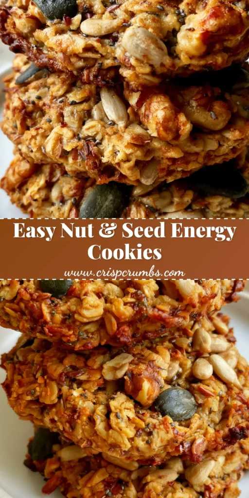 A stack of three thick, rustic round Nut and Seed Energy Cookies on a white plate with visible pumpkin seeds and walnuts.