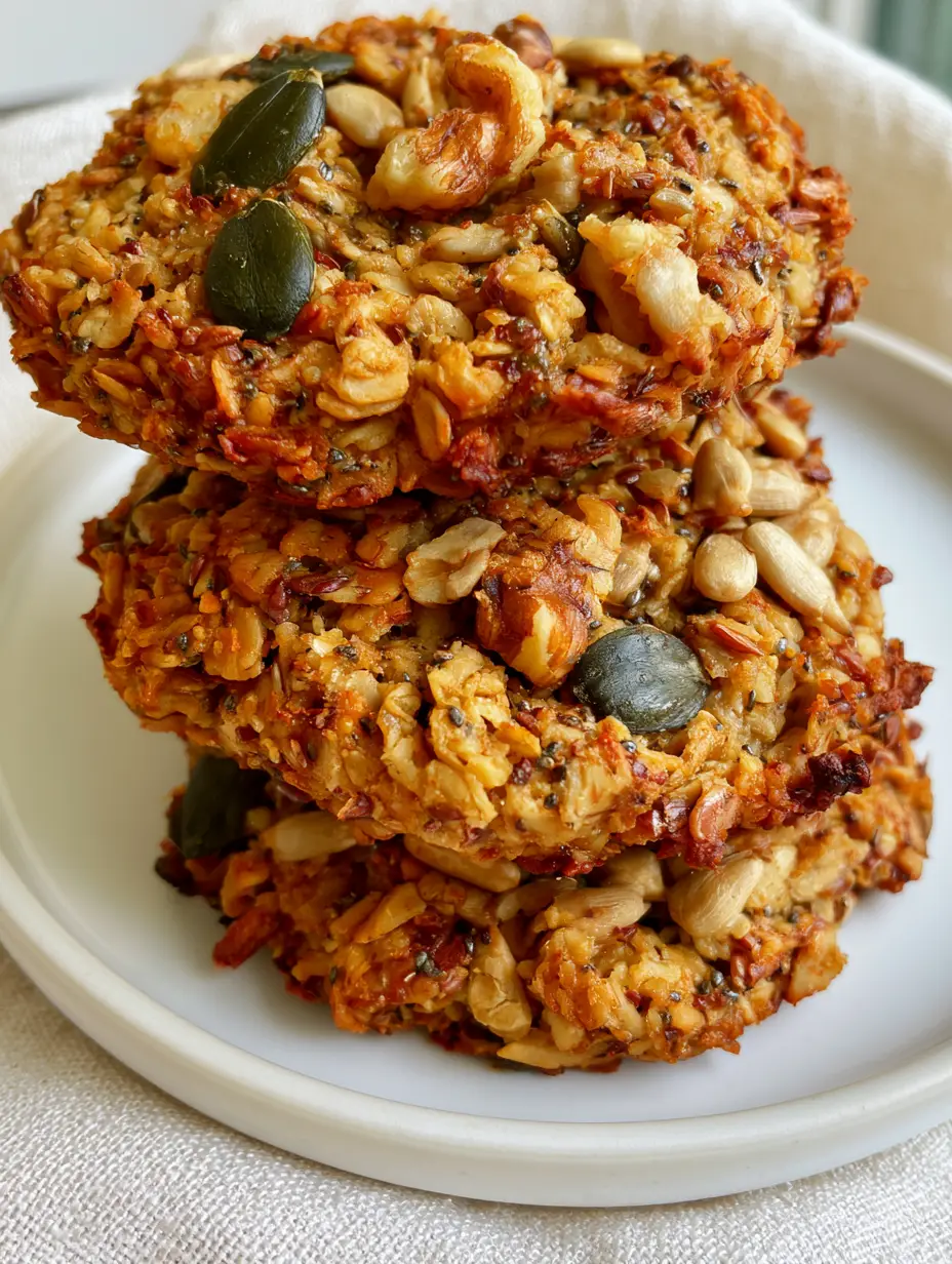 Close up of Nut and Seed Energy Cookies showing the dense, textured base of toasted oats and dark green pumpkin seeds.