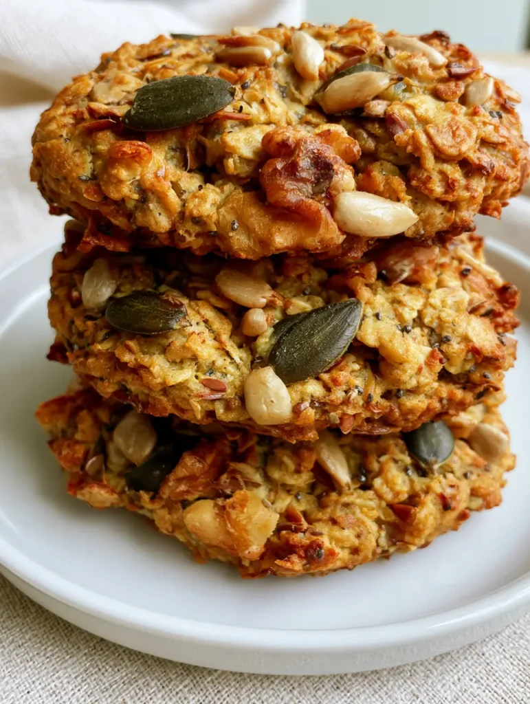 Nut and Seed Energy Cookies stacked on a white ceramic plate against a linen background, highlighting the caramelized edges.