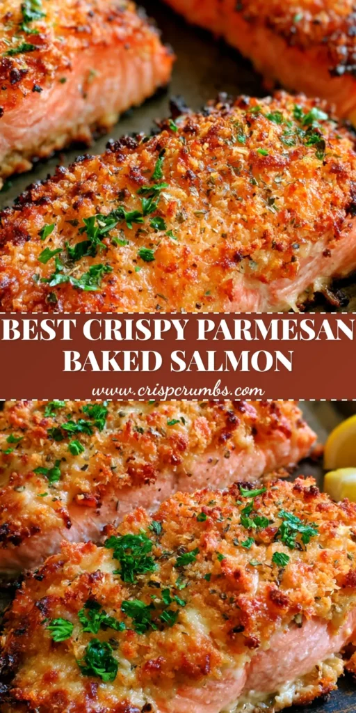 A close-up of Parmesan Crusted Baked Salmon with a golden-brown cheese topping and lemon wedges on a dark metal sheet.