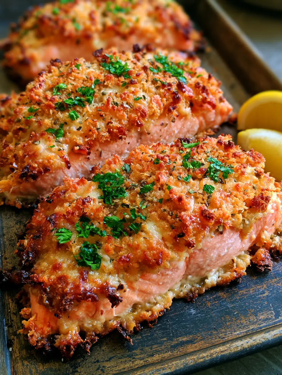 Smartphone photo of three fresh-out-of-the-oven Parmesan Crusted Baked Salmon fillets on a weathered baking sheet.