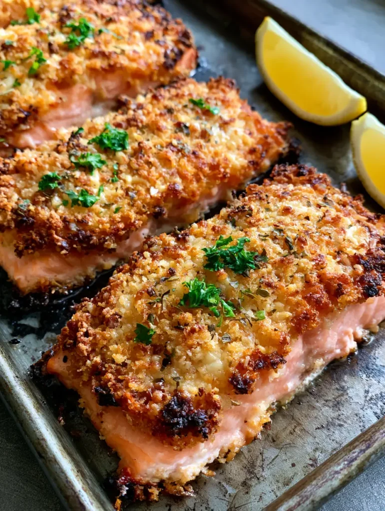 Close-up detail of the charred edges and toasted breadcrumb texture on Parmesan Crusted Baked Salmon.
