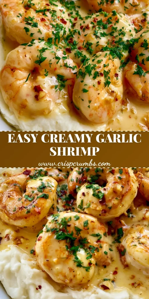 A close-up overhead view of Creamy Garlic Shrimp served in a white bowl over whipped mashed potatoes, garnished with parsley and red pepper flakes.