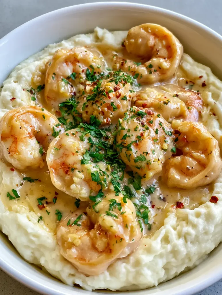 A ceramic bowl of Creamy Garlic Shrimp showing the thick texture of the whipped potatoes and the garlic specks in the sauce.