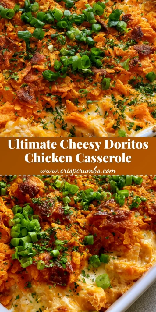 Top-down view of a Doritos Chicken Casserole in a white dish, featuring a crunchy orange chip crust with toasted edges and green onion garnish. (Doritos Chicken Casserole)