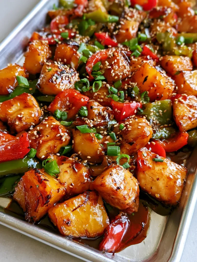 Close up of glossy teriyaki glaze pooling around chicken breast chunks and charred bell peppers on a sheet pan.
