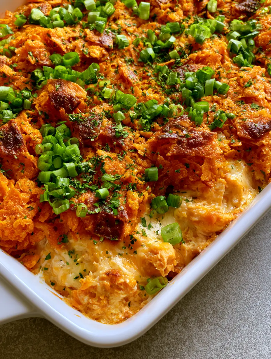 A close-up shot of the toasted nacho cheese chip crust on top of a bubbly Doritos Chicken Casserole. (Doritos Chicken Casserole)