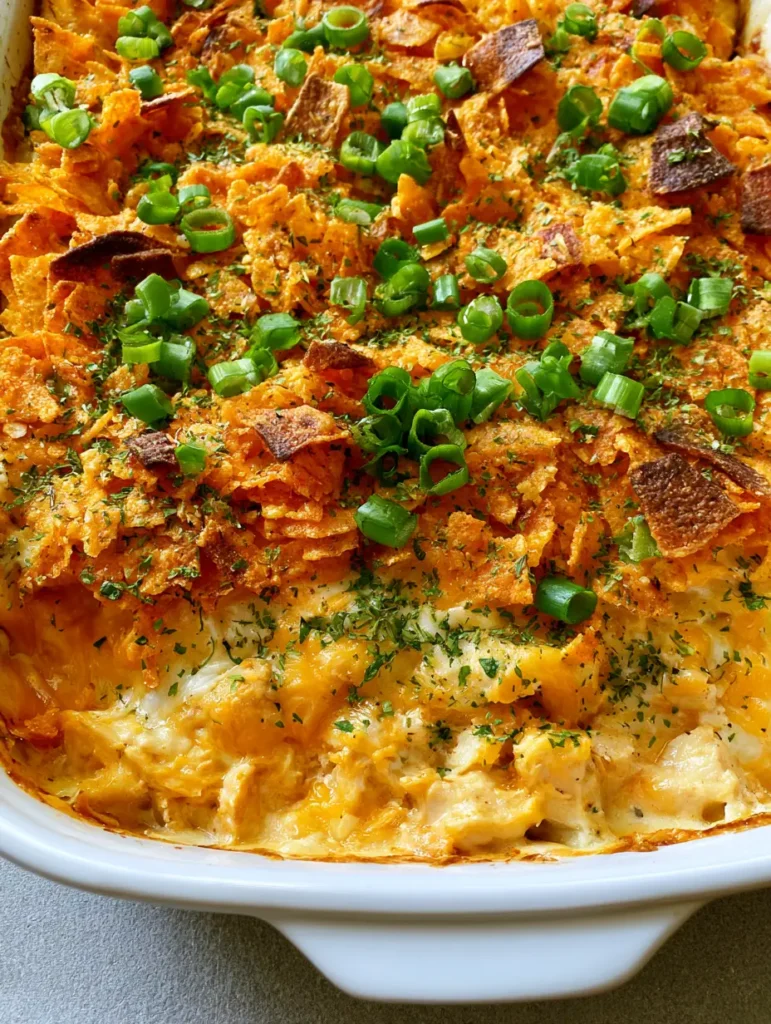 Overhead view of a white ceramic baking dish filled with cheesy Doritos Chicken Casserole garnished with scallions.