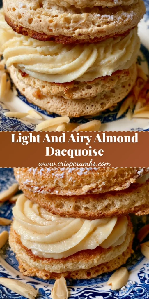 A Pinterest-style vertical graphic showing a stack of French almond dacquoise sandwich cookies on a blue and white vintage plate. (Almond Dacquoise Recipe)