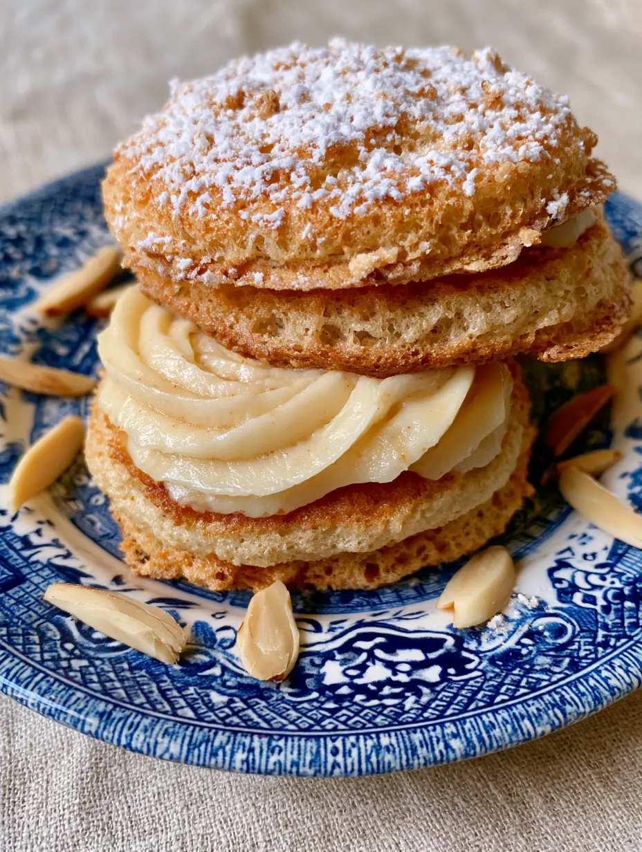 Close up photo of two French almond dacquoise cookies on a blue and white patterned porcelain plate with ivory almond cream filling. (Almond Dacquoise Recipe)