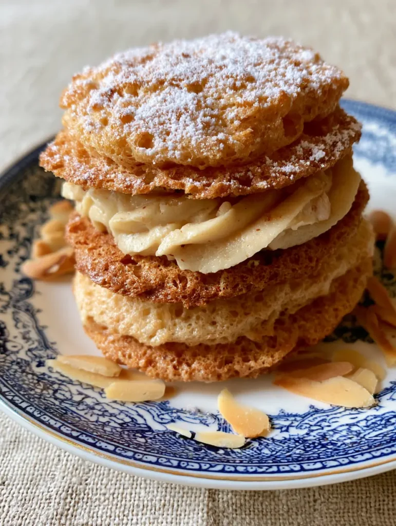 Detail shot of the porous meringue texture and piped cream of an Almond Dacquoise Recipe sandwich cookie.