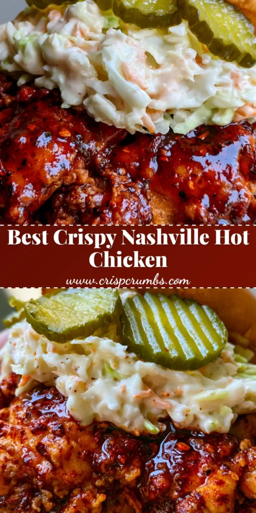 A handheld smartphone photo of a Nashville Hot Chicken Sandwich with a glistening red glaze, thick creamy slaw, and crinkle-cut pickles on a brioche bun.