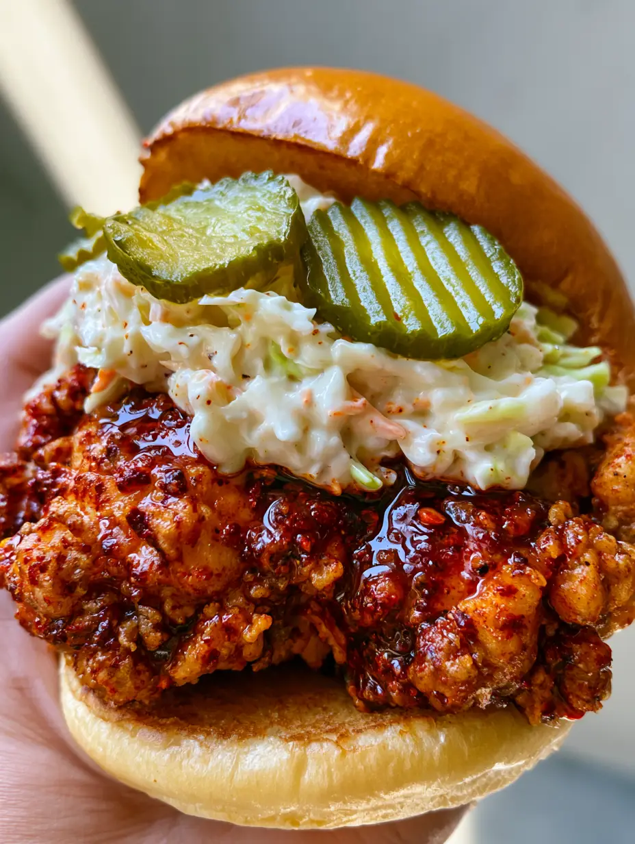 Close up of a Nashville Hot Chicken Sandwich showing the deep red spice flecks on the fried chicken breast and the vibrant green pickles.