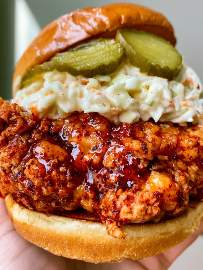 Handheld photo of the Nashville Hot Chicken Sandwich at a slight angle against a neutral background, highlighting the toasted brioche bun.