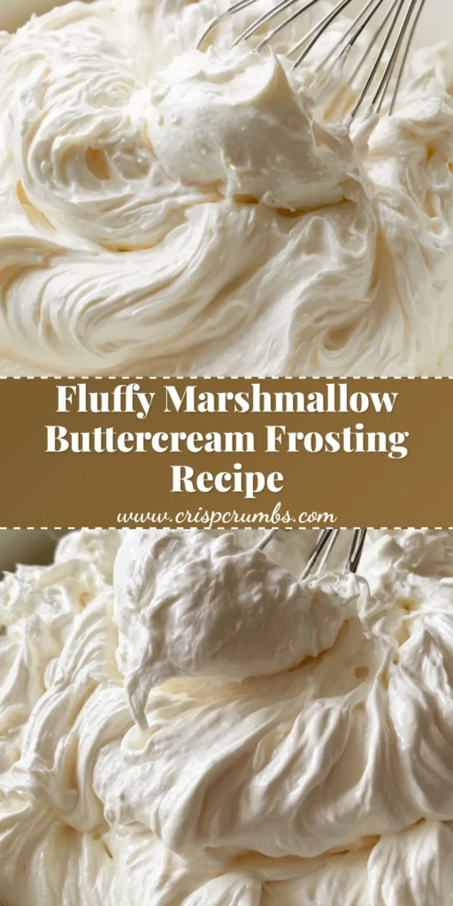 A close-up of a white ceramic bowl filled with glossy Marshmallow Buttercream Frosting featuring deep swirls and a stainless steel whisk. (Marshmallow Buttercream Frosting)